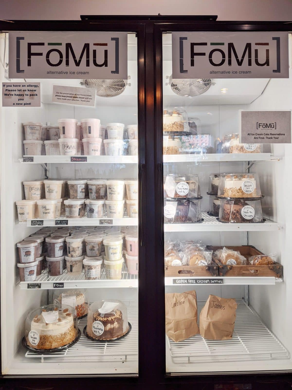 FoMu vegan ice cream - freezer full of ice cream pints and cakes