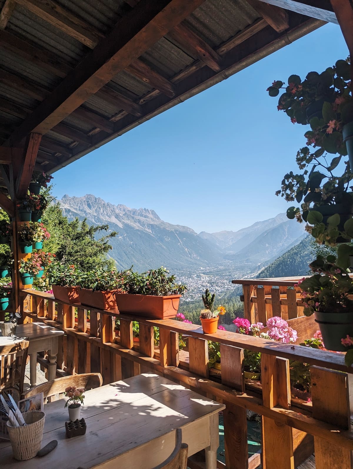 View from the Chalet du Glacier des Bossons with the mountains and flowers