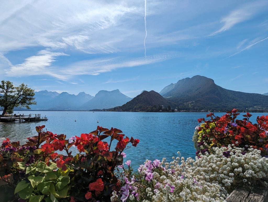 Mountain views from the dock of the covered bridge in Talloires
