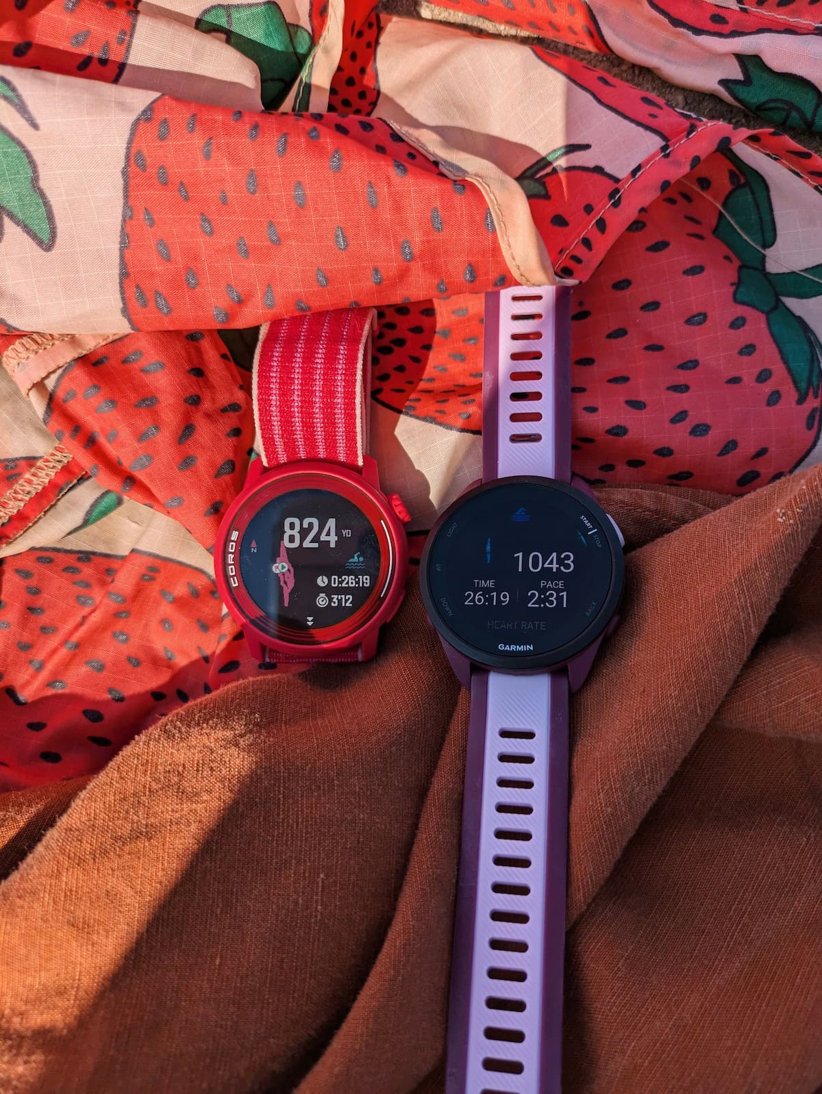 Stats on the COROS PACE 3 and Garmin Forerunner 165 Music after an open water swim