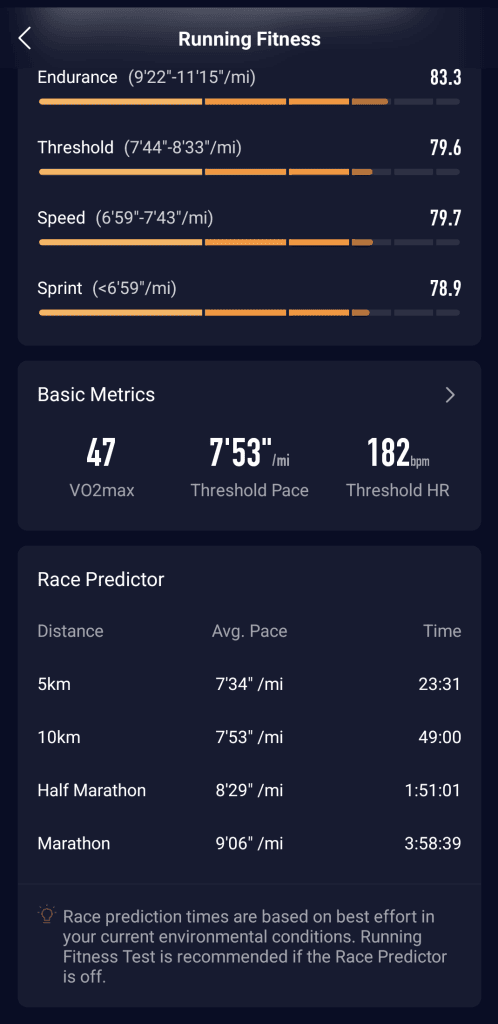 COROS Race Predictor before the Paris Marathon in 2024