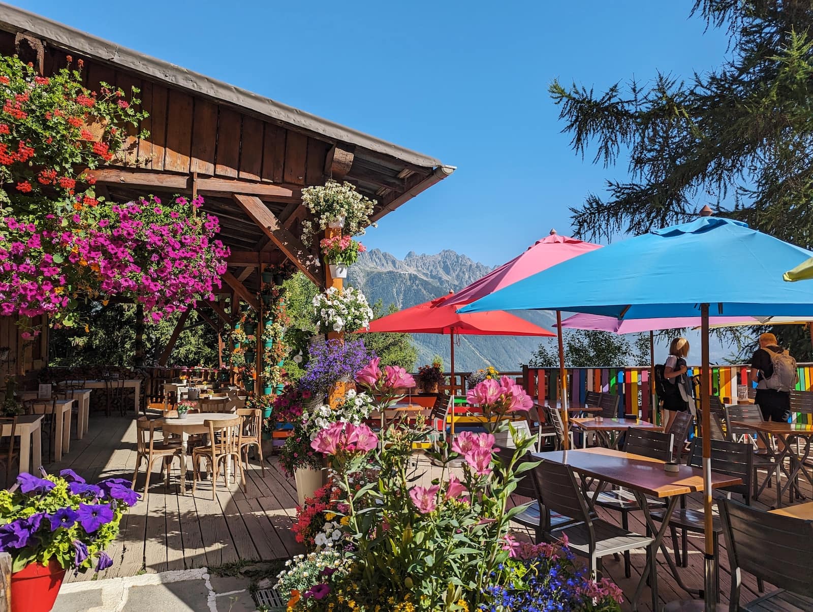 Mountain chalet on a clear day with colorful umbrellas