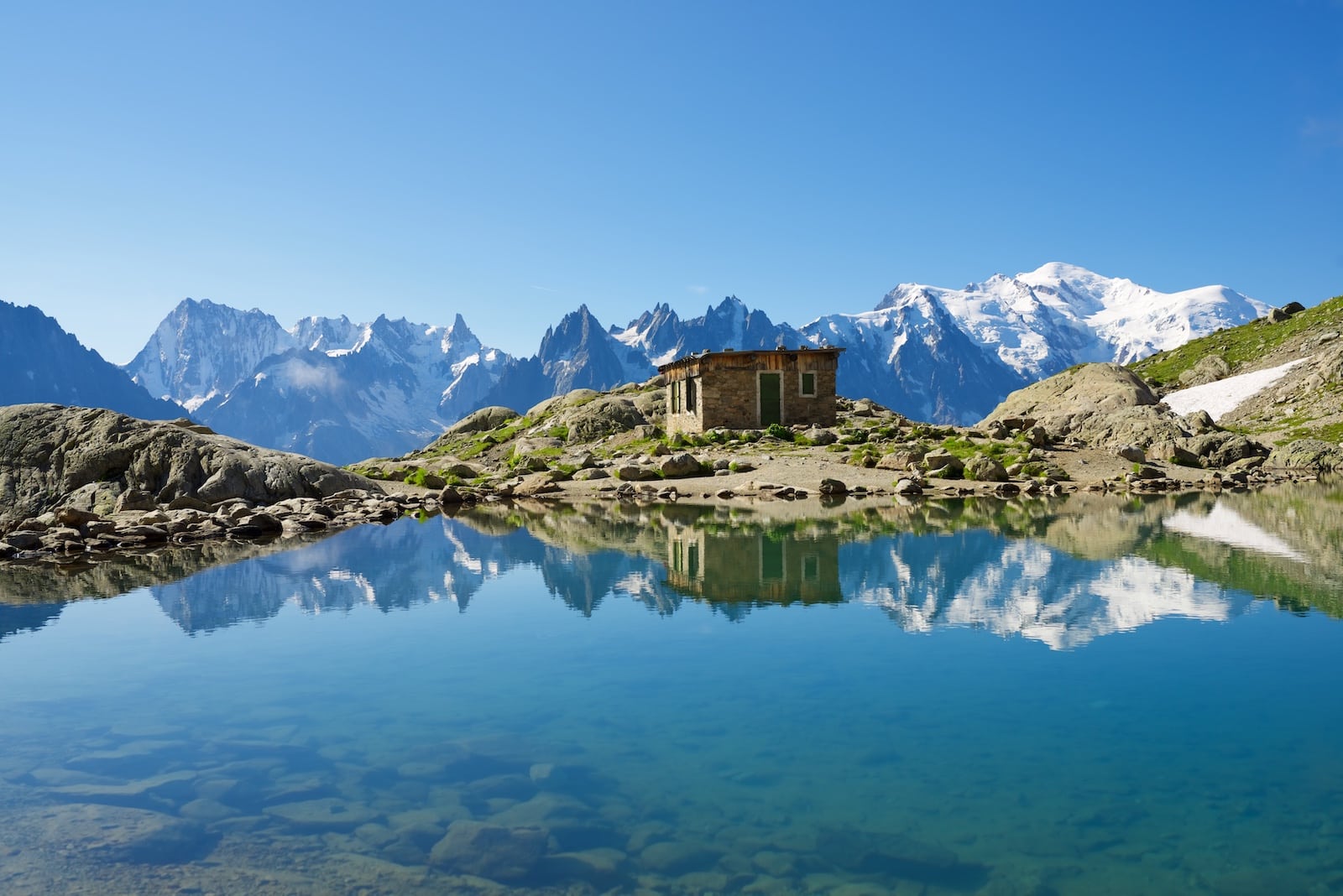 Mont Blanc Mountains reflected in Lac Blanc, Mont Blanc Massif, Alps, France