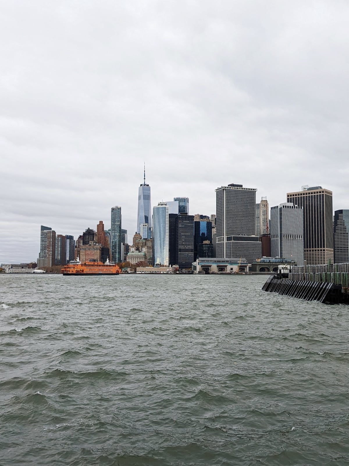 View of the NYC skyline from Governor's Island on a cloudy day