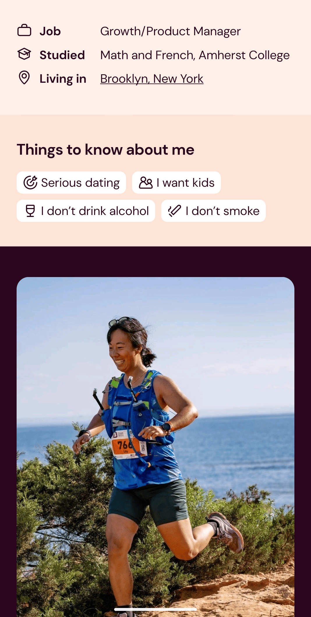 Screenshot of my Breeze Social profile with my lifestyle tags