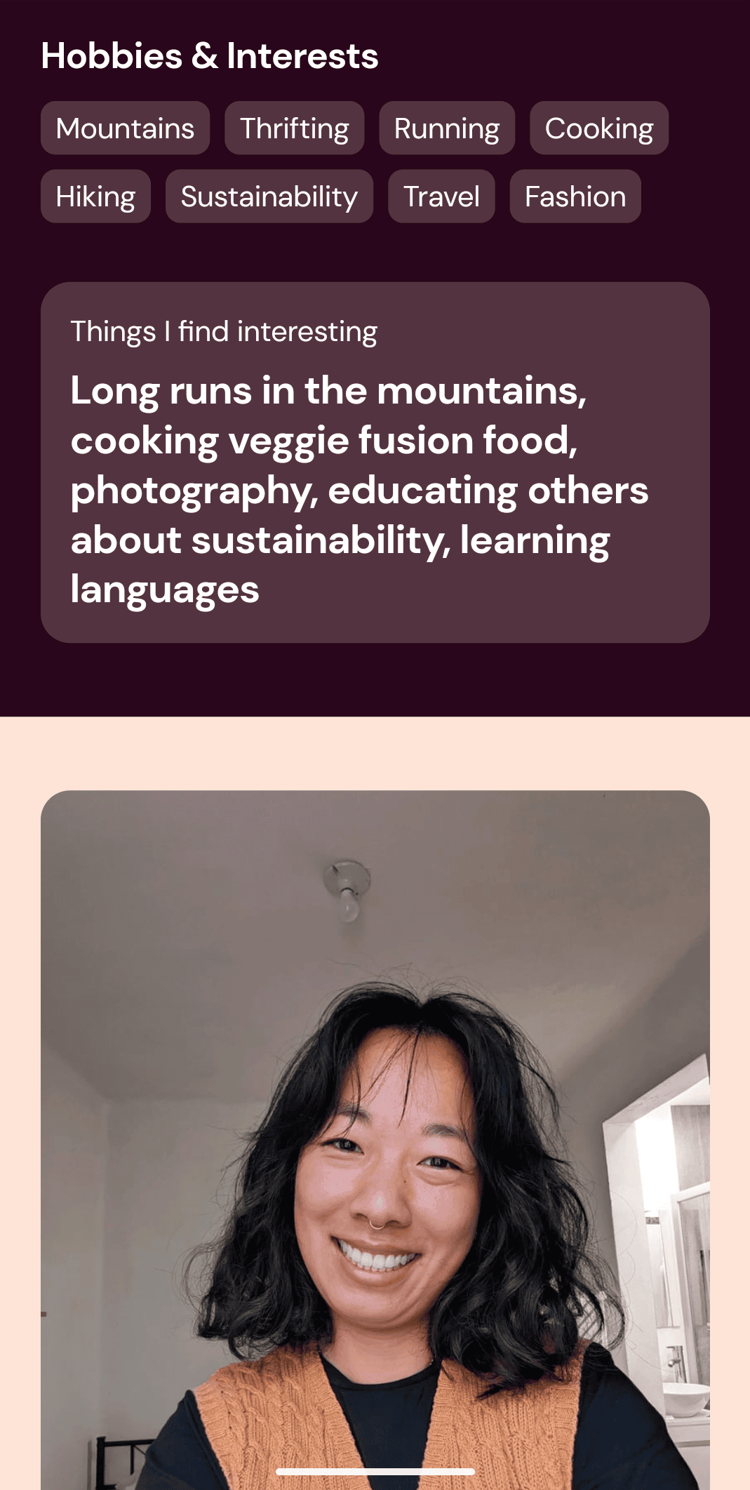 Screenshot of my Breeze Social profile with my interests