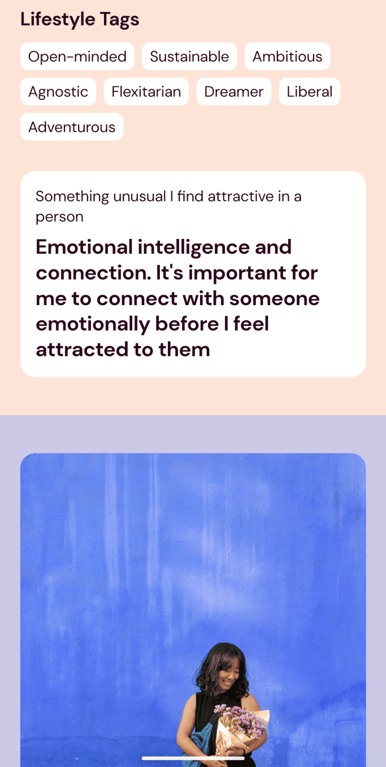 Screenshot of my Breeze Social profile with my things I'm attracted too