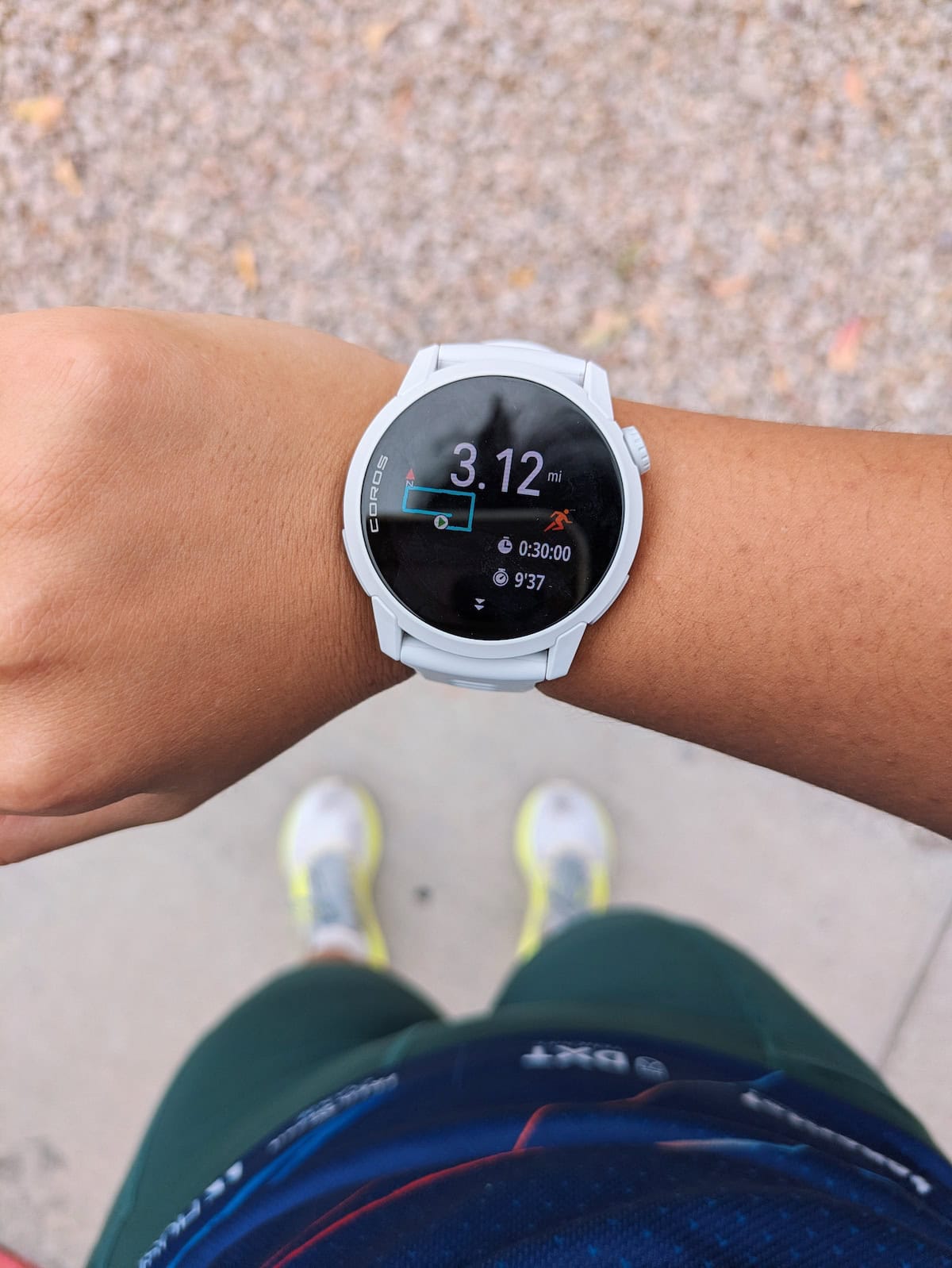 COROS PACE 4 on my wrist with my run summary after a 5k training run