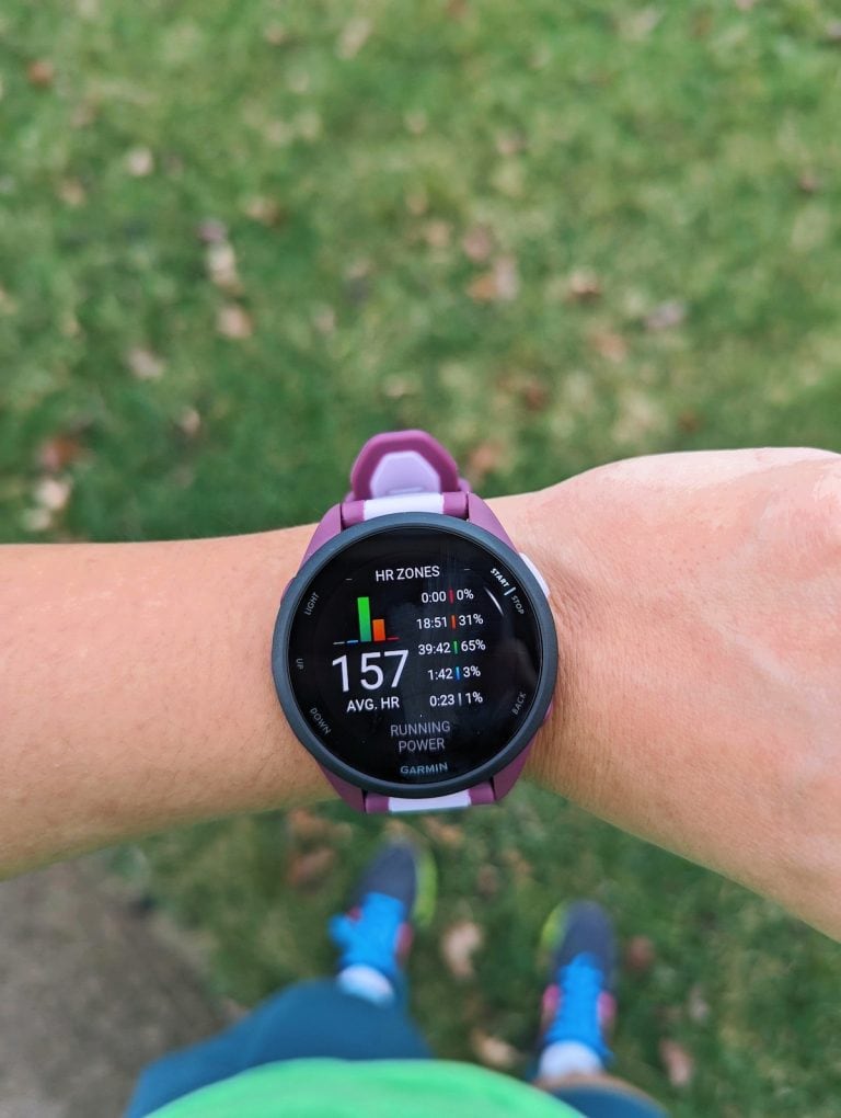 HR zones of a run on the FR165 Music's AMOLED screen