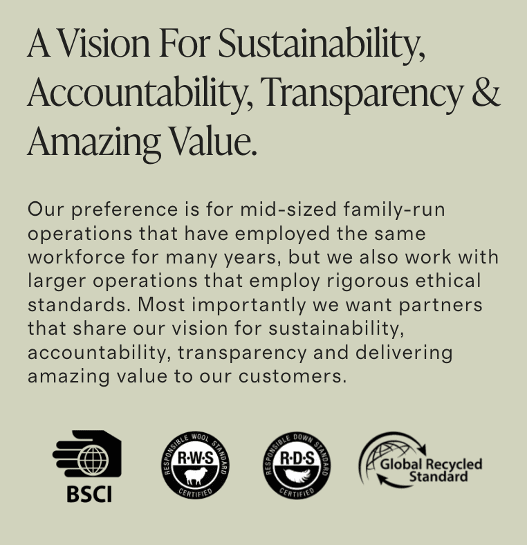 Screenshot of Quince's sustainability details and photos of some certification logos