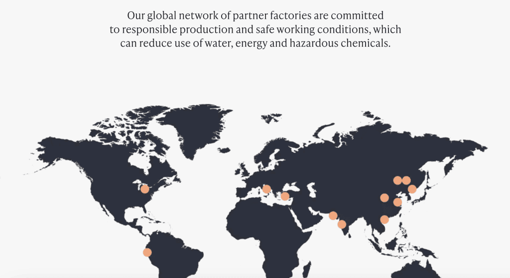 Screenshot from Quince's site of their factory map which is just some dots on the page
