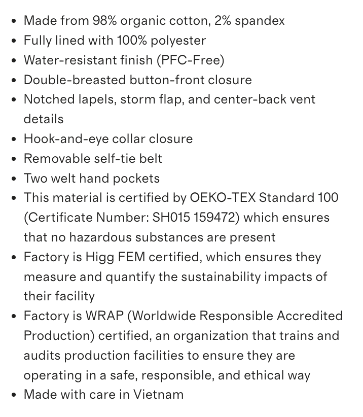 Screenshot of product details on Quince's site with WRAP certification