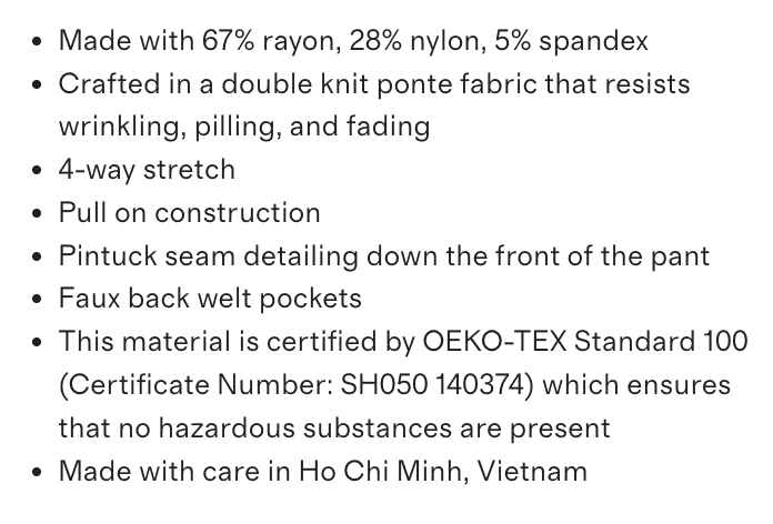 Screenshot of product details from Quince's site with rayon and nylon in the materials