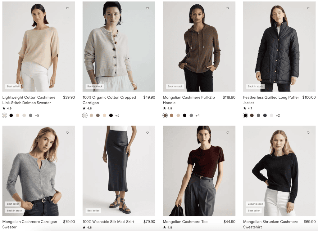 Screenshot of Quince women's bestsellers