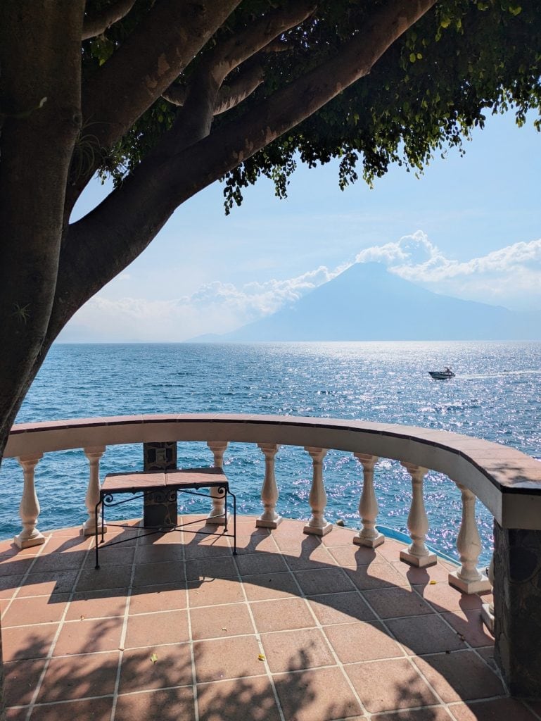 View of Lake Atitlan from a balcony of La Casa del Mundo
