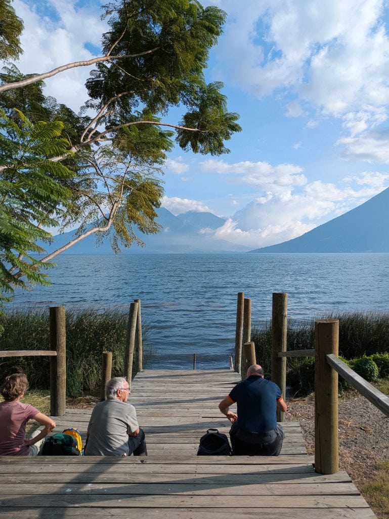 Dock in San Marcos la Laguna with mountains in the background
