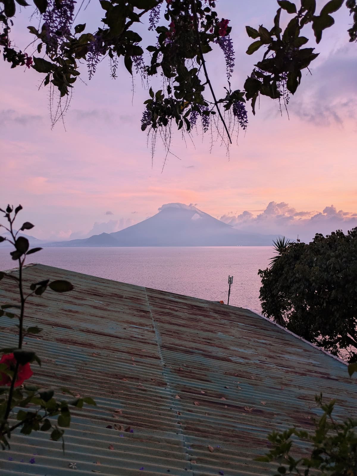 Pink sunset over Lake Atitlan from Santa Cruz la Laguna