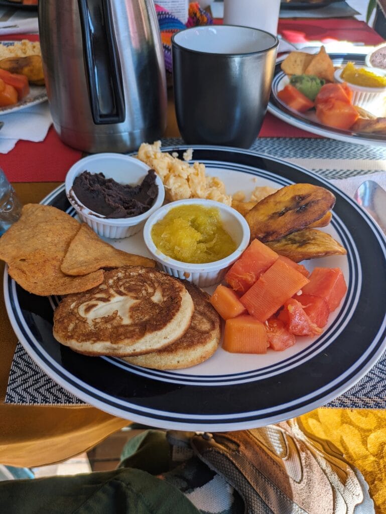 Breakfast from V-Hiking before the Acatenango Hike with beans, pancakes, fruit, and eggs