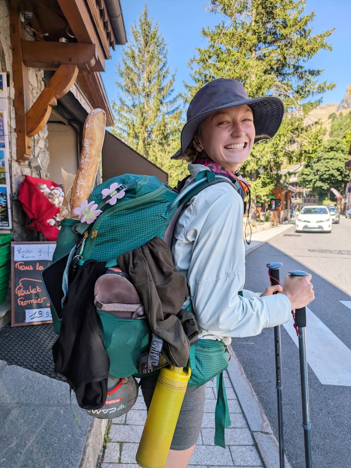 My friend Tessa with a baguette in her backpack