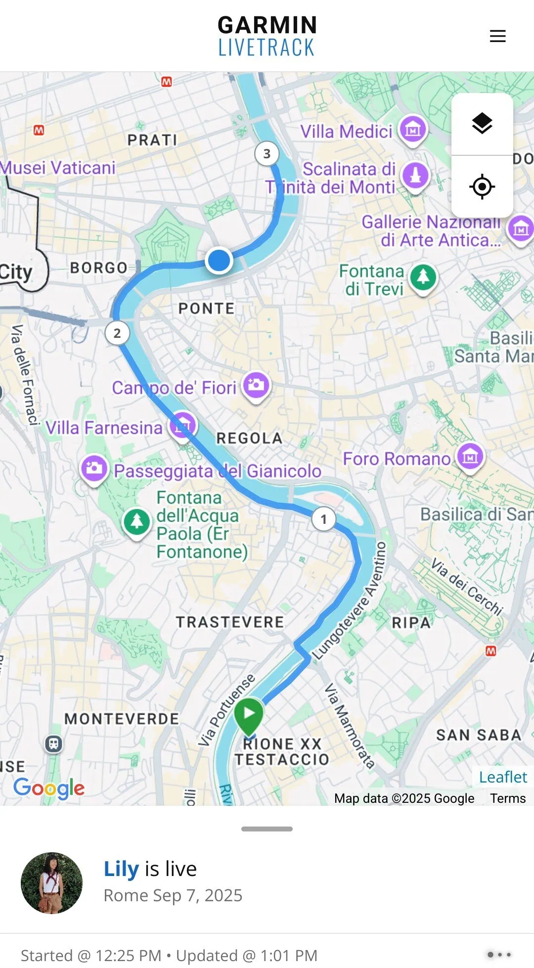 Screenshot of Garmin LiveTrack during a run in Rome