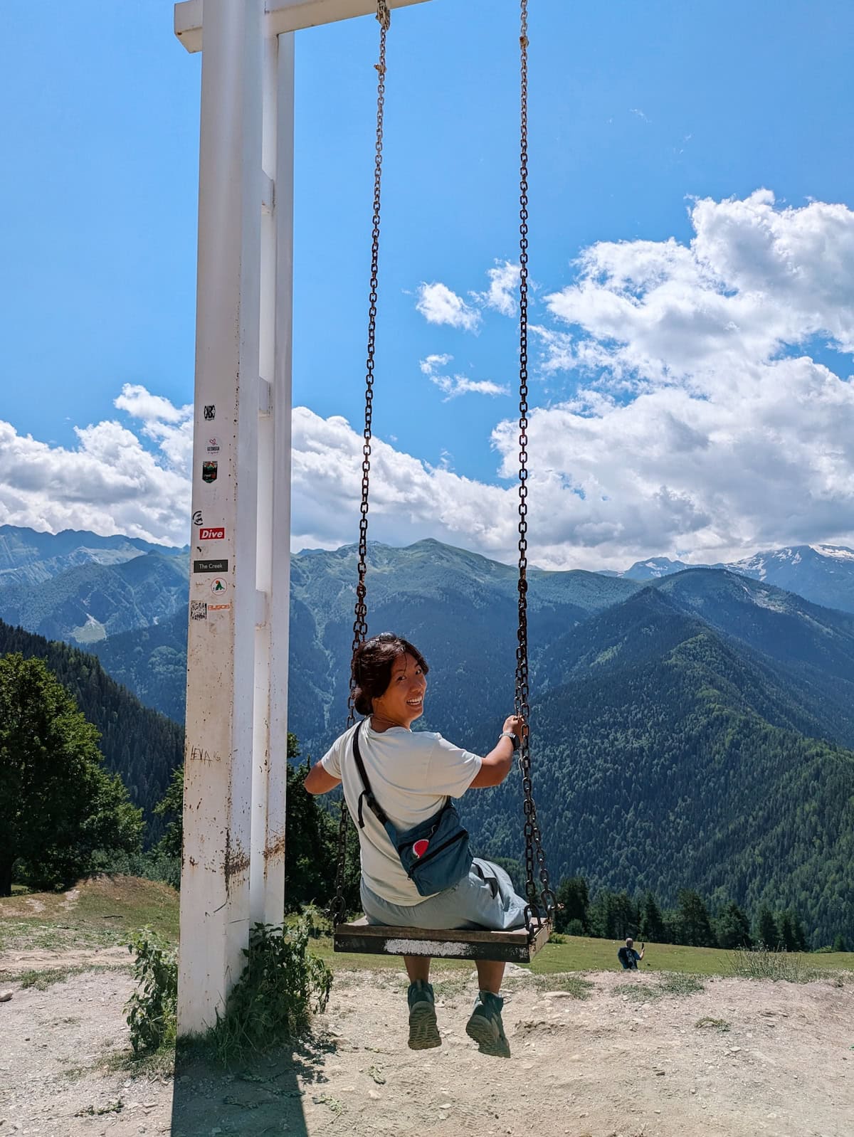 Me riding the big swing at Heshkili Huts