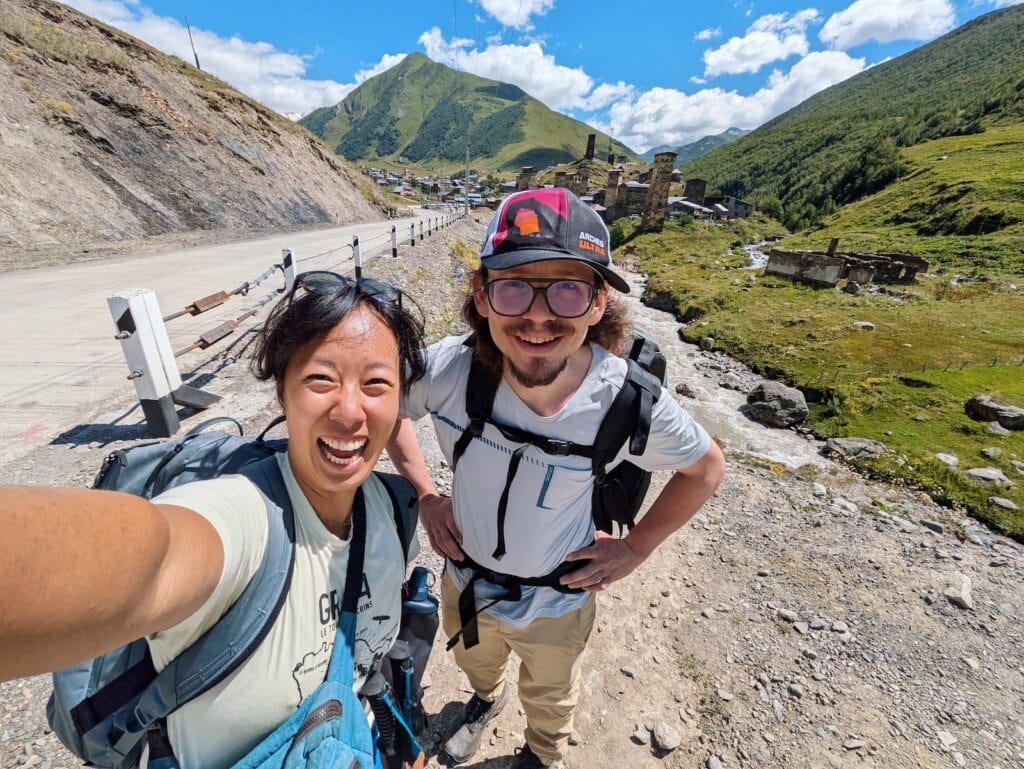 Me and my friend taking a selfie at the end of the Mestia to Ushguli Trek