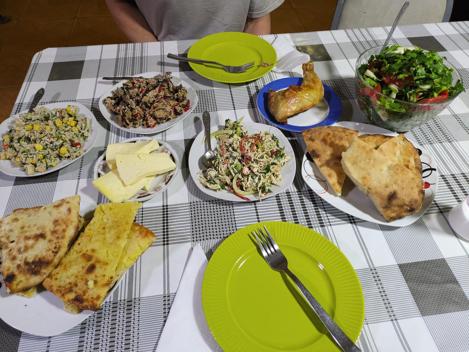 The full dinner spread at Shorena's Homestay with multiple courses