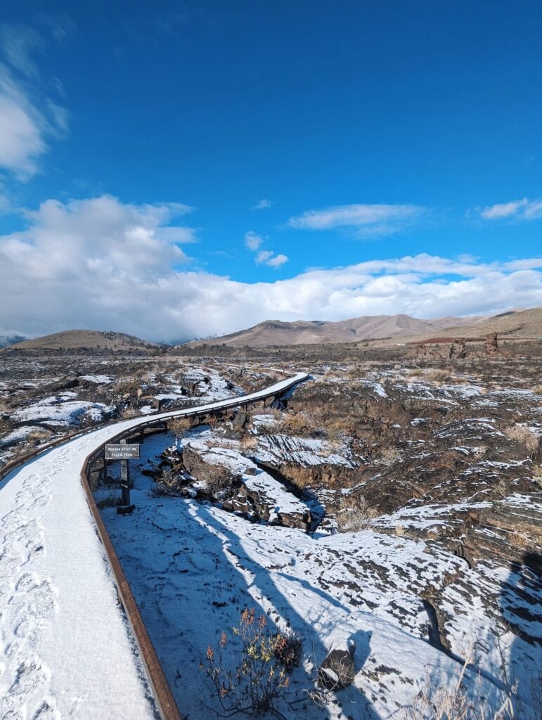 Snow-covered boardwalk in Craters of the Moon National Monument